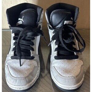 PUMA kids size 6 Rebound Mid Layup PS Boys Athletic Shoes White Black Gray